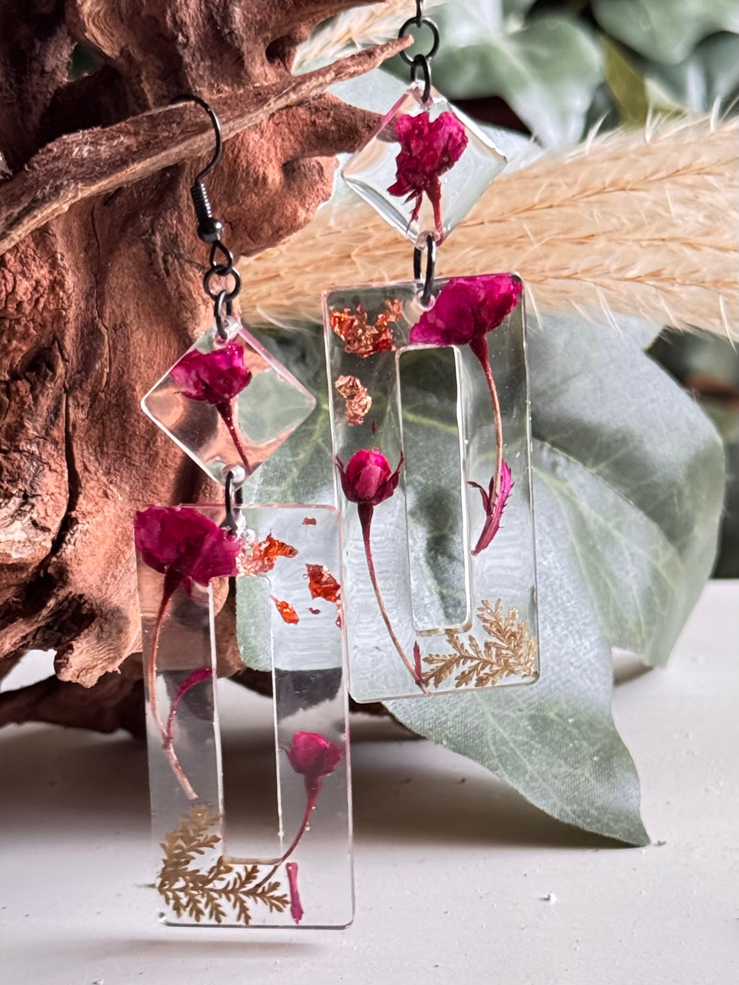 Pink Roses Rectangle Earring Set