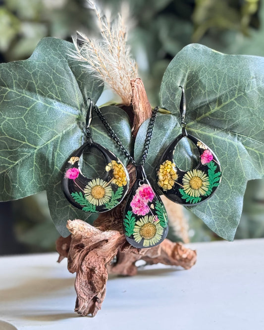 Black Resin Floral Jewelry Set